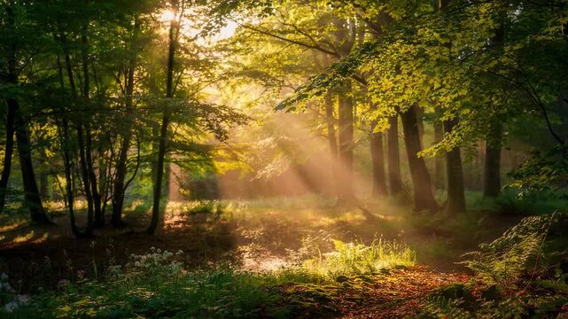 Sunlight filters through lush green forest trees casting golden rays and illuminating natural woodland scenery