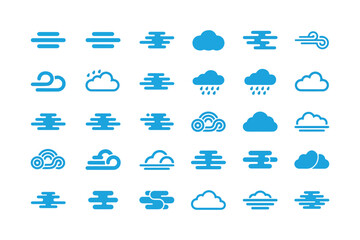 Obraz premium Blue Weather Icon Set Featuring Cloud, Wind, Rain and Fog Vector Symbols for Forecast Apps, UI Design and Meteorology Projects
