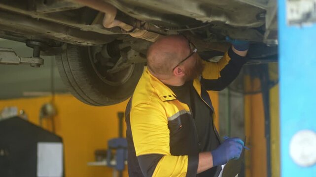 Caucasian male mechanic with glasses and a beard works alongside a female technician, reviewing a digital tablet and giving a thumbs-up. This high-energy commercial imagery represents gender diversity