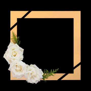 Rose flowers background border on black with gold frame and symbol of death ribbon. Floral memorial design for funeral card.