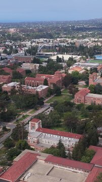University of California Los Angeles campus and Westwood neighborhood with city skyline, Pacific Ocean, Santa Monica Mountains