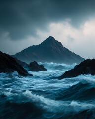 Fototapeta premium A dramatic seascape with turbulent waves crashing against rocky shores beneath a towering, jagged mountain under a stormy sky.