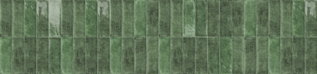 Panoramic view of modern green ceramic wall tiles arranged in a vertical rectangular block grid pattern for interior design.