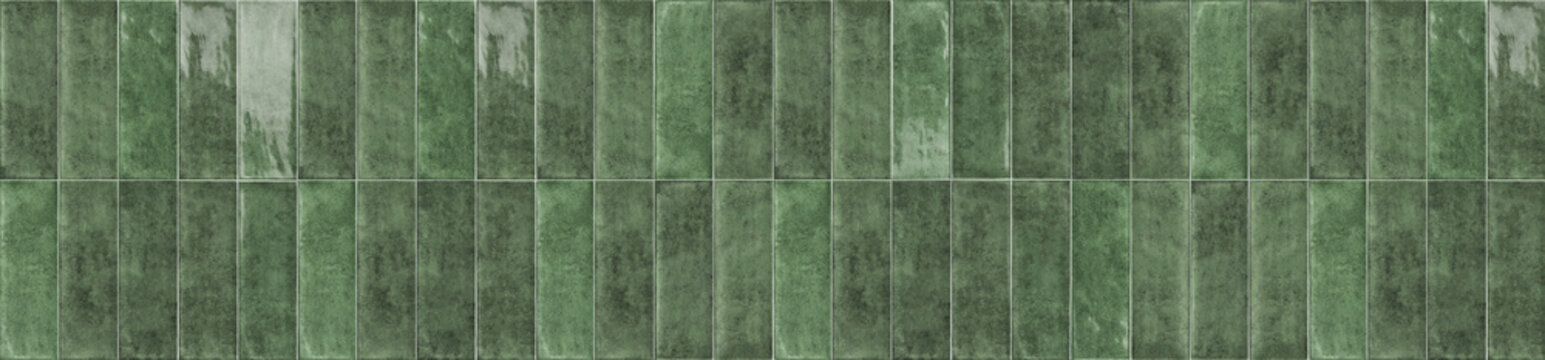 Panoramic view of modern green ceramic wall tiles arranged in a vertical rectangular block grid pattern for interior design.