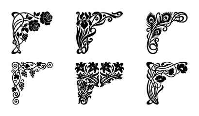 Art Nouveau Corner Ornaments, Vintage Floral Flourishes, Decorative Borders, Elegant Swirls, Black and White Vector Elements, Set of 6 © Jannatul