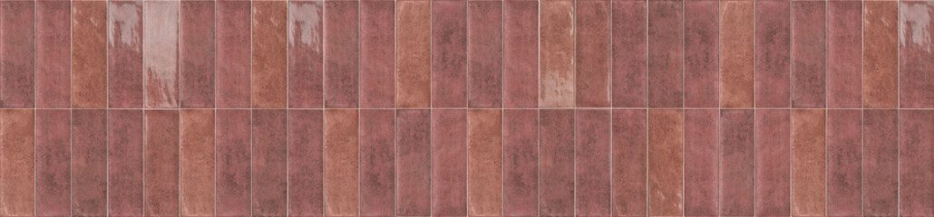Fototapeta premium Architectural panorama of warm caramel and plum vertical rectangular ceramic wall tiles in a seamless block layout.