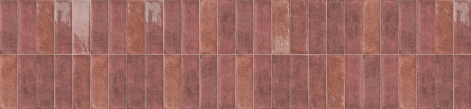 Architectural panorama of warm caramel and plum vertical rectangular ceramic wall tiles in a seamless block layout.