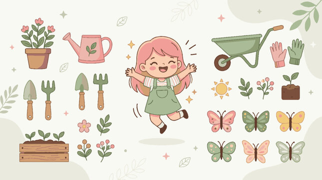 Cute gardening girl character and spring garden elements collection.