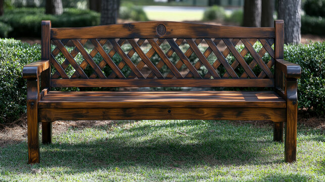 Beautiful rustic dark stained wooden garden bench with elegant lattice back design sitting peacefully on grassy lawn surrounded by green landscaping in park setting