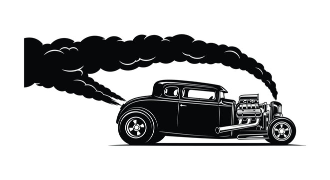 Vintage hot rod car with billowing smoke side view black and white silhouette