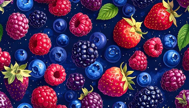 Seamless pattern of mixed fresh berries including strawberries, blueberries, raspberries, and blackberries on a dark background