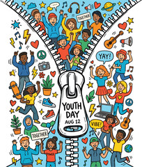 Obraz premium Youth Day August 12 Zipper Opening Concept Illustration with Diverse Celebrating Teenagers for Creative Poster and Campaign Design