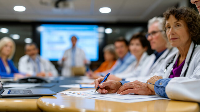 Pharmacists and physician representatives seated around oval conference table in intense formulary committee drug review session, projected comparative effectiveness slides visible on screen behind 