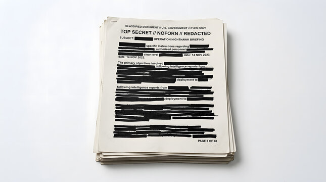 A stack of top-secret documents, heavily redacted with black ink, sits on a white surface, hinting at classified information and government secrecy.