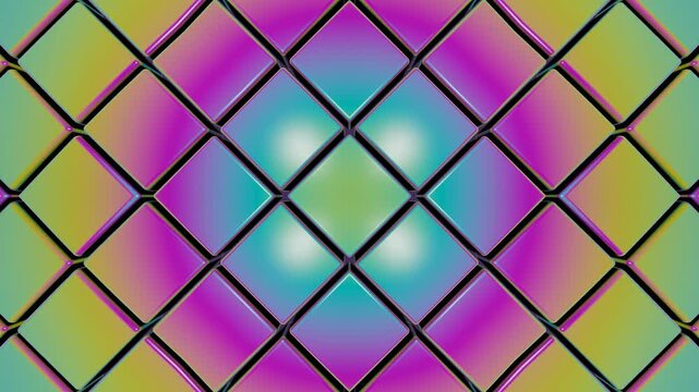 Iridescent geometric cubes shift in a rhythmic pattern creating hypnotic motion in this digital animation video