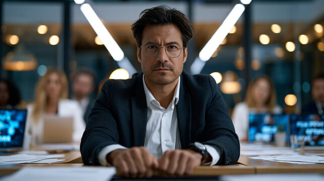 PR director in tailored blazer gripping conference table edge during emergency brand crisis briefing, legal team and communications staff surrounding scattered printed statements and laptops showing