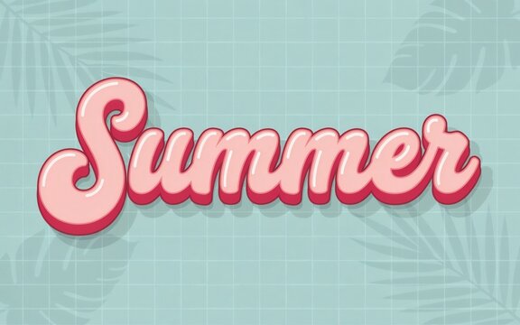 Summer typography text design with a playful bubble font style on a light blue grid background with palm leaf shadows