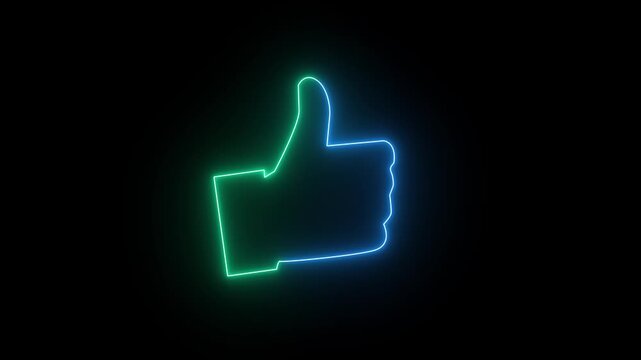 Glowing neon red Hand thumb up icon on black background. Neon Outline Like icon. Social media like increasing animated like button 4k animation.