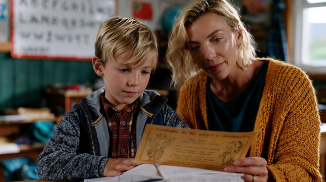 Scottish Gaelic language revival teacher holds up an illustrated card to a child in a one room island schoolhouse, rain against the single window, alphabet chart on the wall showing native script, l