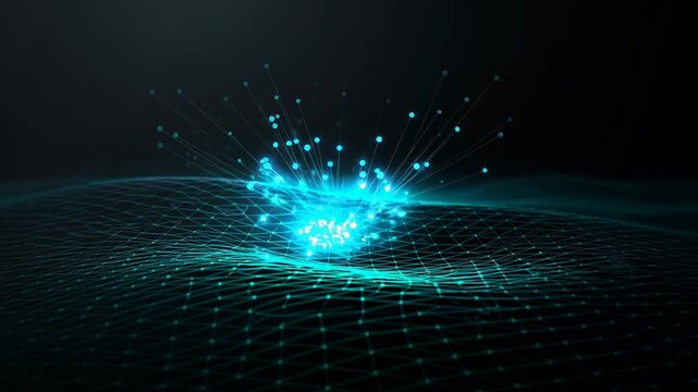 Glowing digital mesh flowing and pulsing through dark space with bright connected lights network