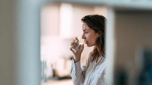 Healthy woman drinking clean water from glass for balance of body maintenance