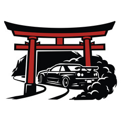 Japanese Drift Car Racing Under Torii Gate Vector Illustration with Smoke and Mountain Landscape © Arif Al Mahmud