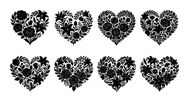 Set of 8 Black Floral Heart Vector Illustrations, Romantic Botanical Designs, Elegant Love Symbols for Valentine's Day, Weddings, and Celebrations