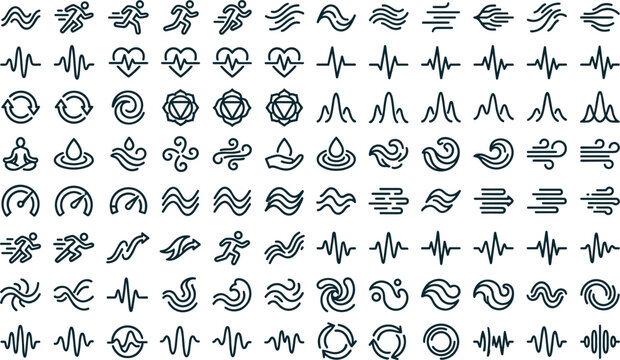 Minimalist Healthcare and Sports Biometrics Line Icon Set with Heartbeat Waves Running Runners Meditation Elements and Fitness Tracking Dashboard UI Symbols