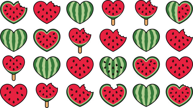 Heart shaped watermelon vector icon set with summer fruit slices popsicles and bite marks for valentines day or tropical party graphic design