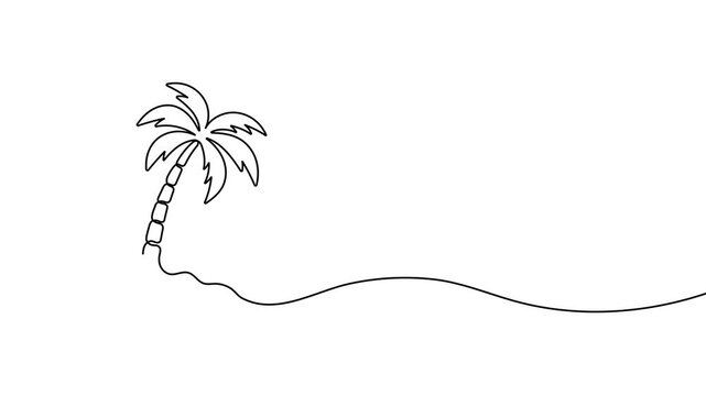 Self-drawing one line art of coconut palm tree representing vacation.
