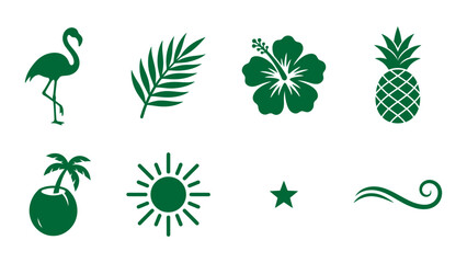 Green tropical vector icons set featuring flamingo palm leaf hibiscus flower pineapple coconut sun star and wave silhouettes © Zyariss