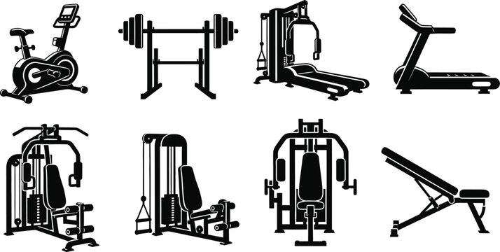 Black gym equipment icons on white