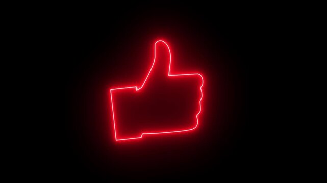 Glowing neon red line Hand thumb up icon on black background. Neon Outline Like icon. Social media like increasing animated like button 4k animation.