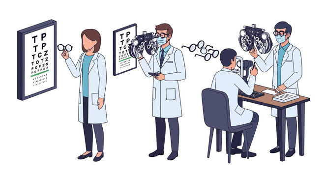 Technicians and doctors performing eye exams in a medical setting with various equipment