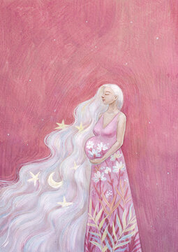 Drawing pregnant woman connected with Nature