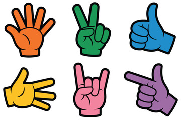 Obraz premium trendy hands playful cartoon hand gestures with peace sign thumbs up rock on and pointing fingers in y2k retro halftone vector illustration style, expressive communication and youth culture concept