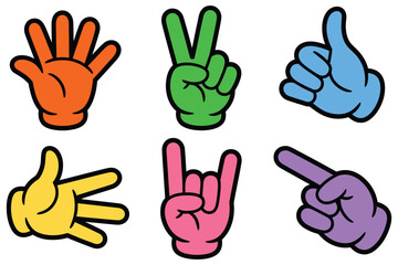Fototapeta premium trendy hands playful cartoon hand gestures with peace sign thumbs up rock on and pointing fingers in y2k retro halftone vector illustration style, expressive communication and youth culture concept