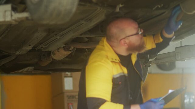 Caucasian male mechanic with glasses and a beard works alongside a female technician, reviewing a digital tablet and giving a thumbs-up. This high-energy commercial imagery represents gender diversity