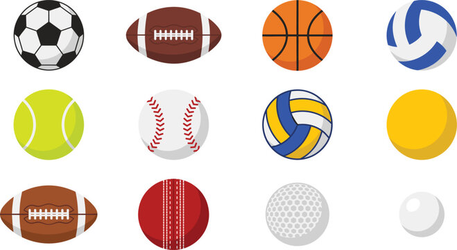 Sports ball vector icon set with cartoon soccer football basketball volleyball tennis baseball cricket golf and ping pong balls for athletic graphic designs