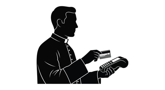 man using a card reader with a credit card in a black silhouette