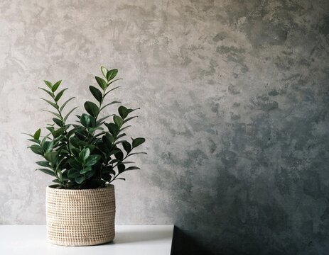 A potted green plant is positioned on the left side of the frame, with its lush foliage filling the upper left quadrant