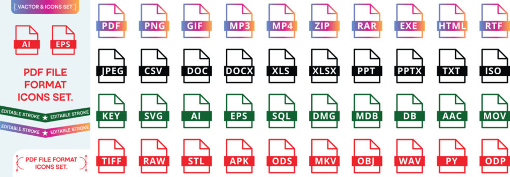PDF file format icons set. PDF file download symbols. Format for texts, images, vector images, videos, interactive forms - stock vector.