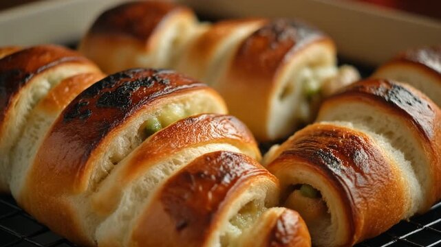 Stuffed bread rolls, toasted crust, no people, 4K UHD