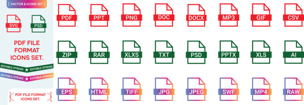 PDF file format icons set. PDF file download symbols. Format for texts, images, vector images, videos, interactive forms - stock vector.