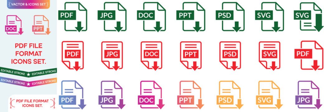 File type icon set, files format type vector, PNG, JPEG, PDF, DOXX, and other file extension. Variety of file formats shown like RAW, ZIP, XLS, MP3, SQL. Ideal for technology or data related content