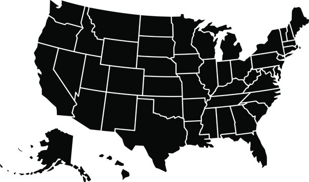 Detailed black silhouette map of the United States featuring white borders under studio lighting on white backdrop, patriotic.