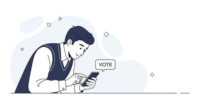 Man using smartphone to cast vote in election, digital voting concept illustration.