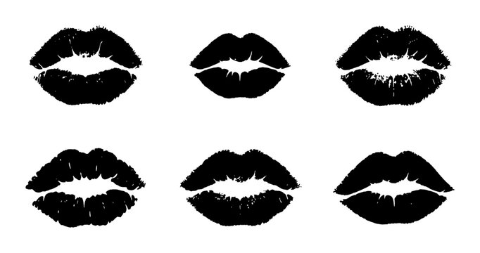 Black Lipstick Kiss Marks Vector Set, Romantic Lip Prints Collection, Beauty and Fashion Graphics, Love Symbol Icons