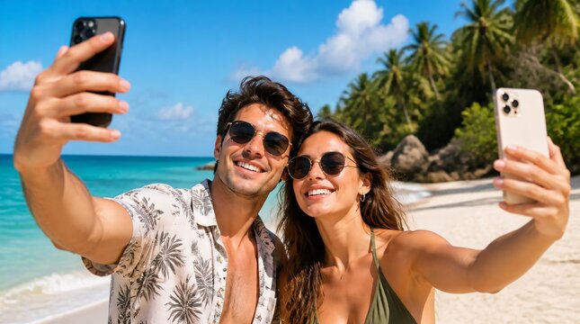 Young couple taking selfies together with mobile phones on tropical beach.