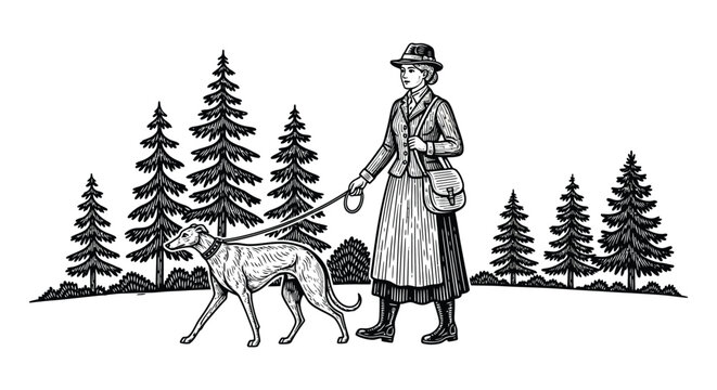 woman walking a greyhound dog in a forest vintage engraving style silhouette